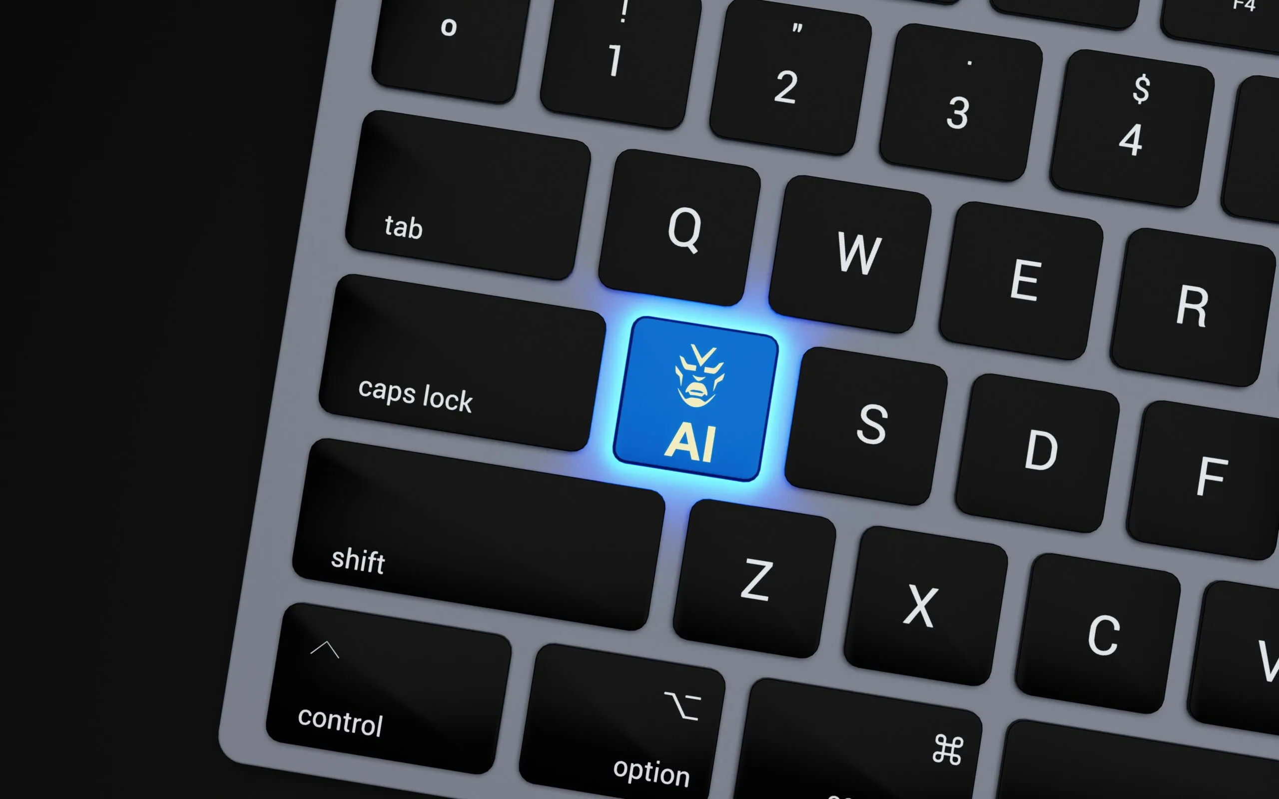 a-close-up-of-a-keyboard-with-a-blue-button