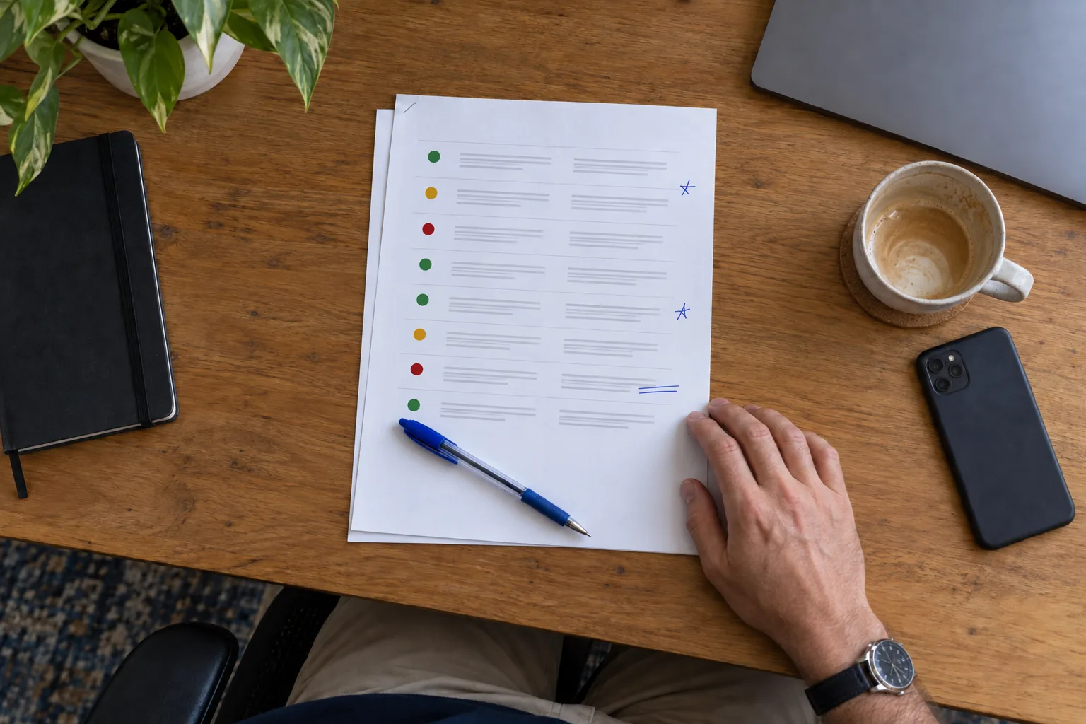Printed security report with colour-coded findings