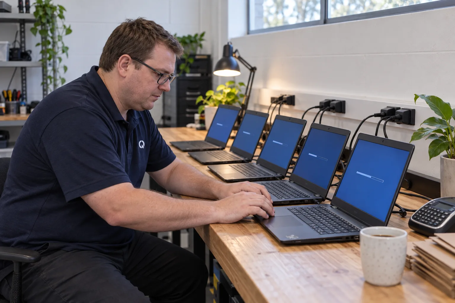 SEQ IT technician updating a row of company laptops