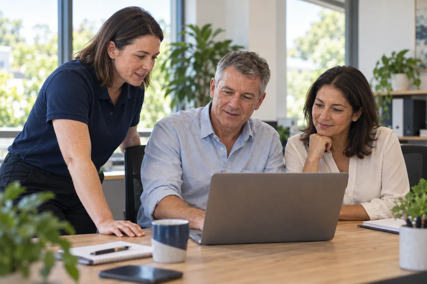 SEQ IT tech working through a laptop with two clients