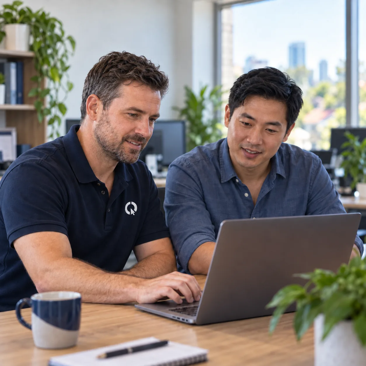SEQ IT technician reviewing a laptop setup with a client