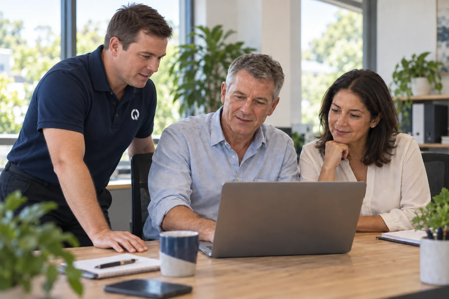 SEQ IT technician working through a laptop with two clients