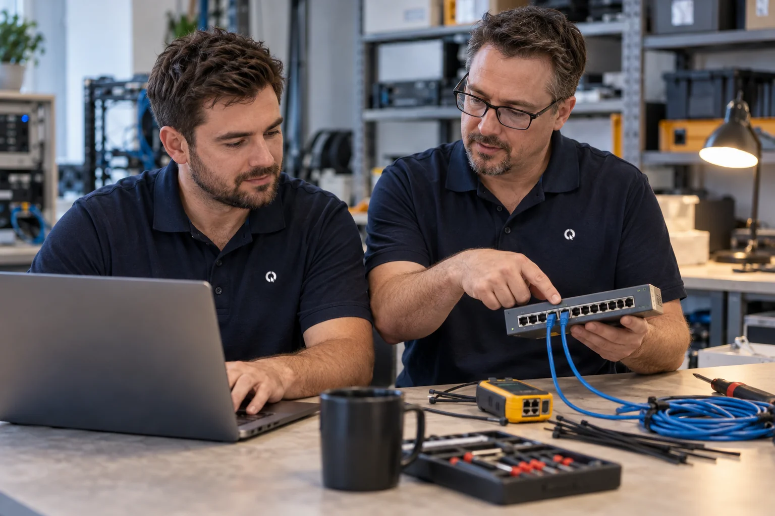 Technicians working through a client's setup together