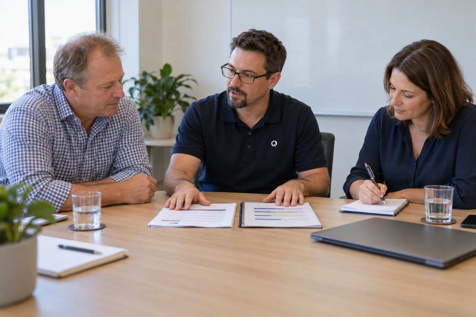 SEQ IT consultant talking two clients through the Essential Eight and SMB1001