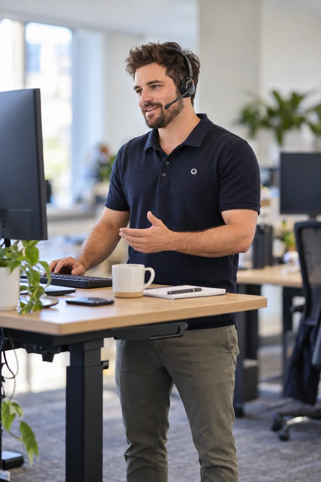 SEQ IT helpdesk technician on a call at his desk