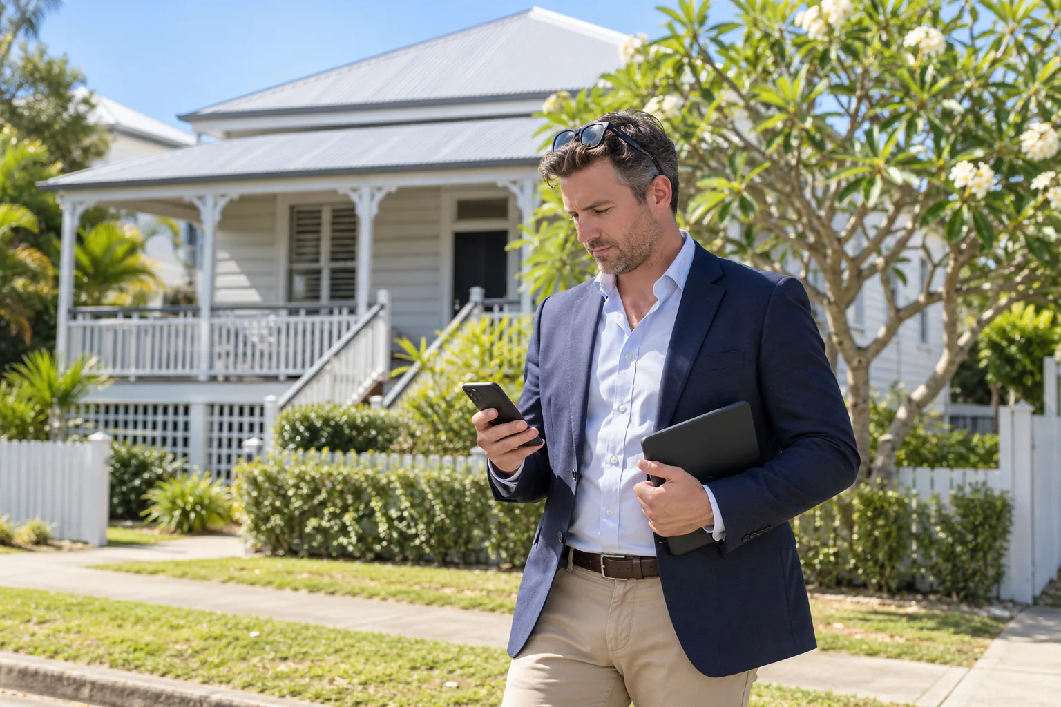 Real estate agent checking his phone outside an open home