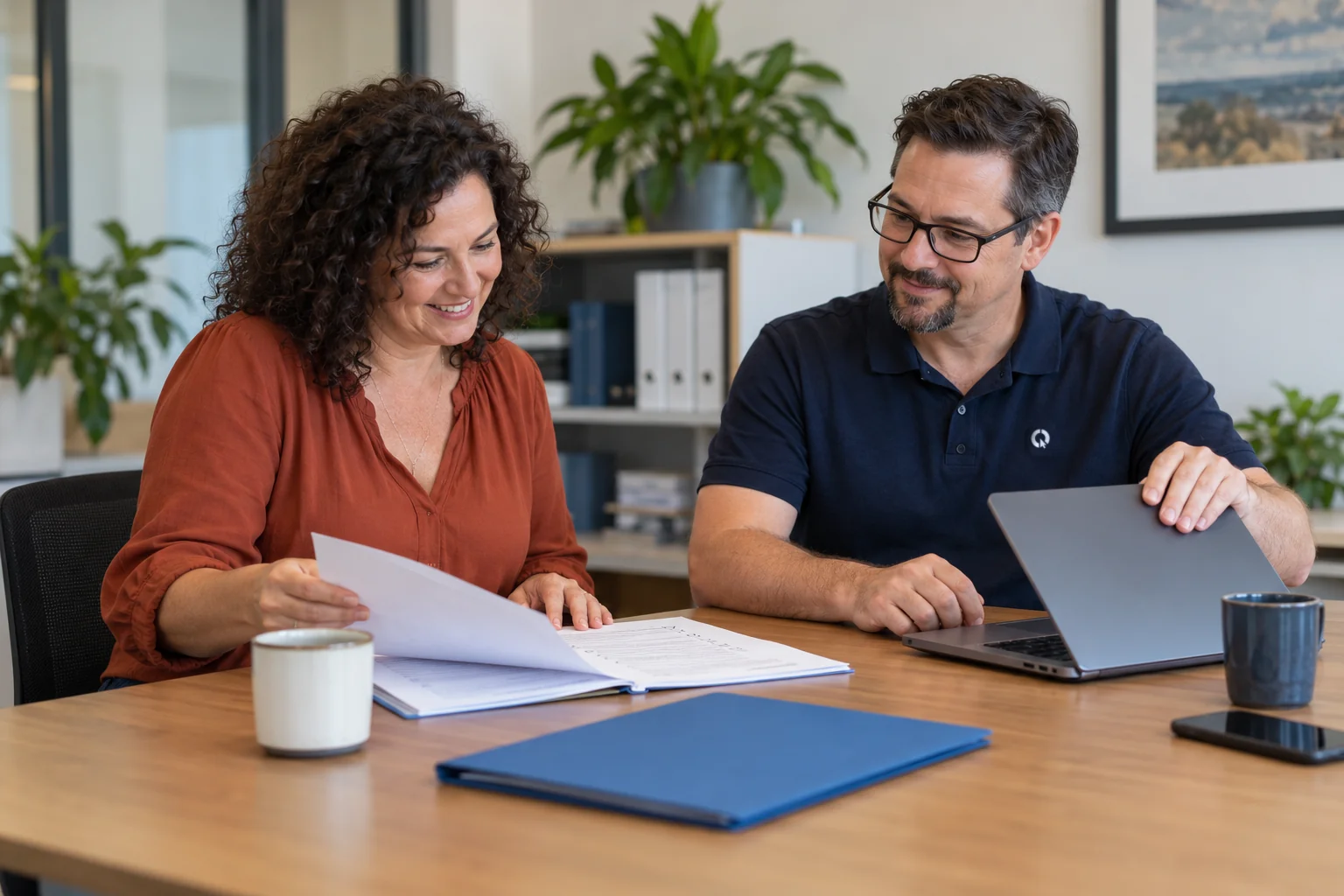 Business owner and IT consultant reviewing certification progress
